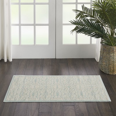 Ivory & Green Floral Synthetic 2' x 4' Easy-Care Rug