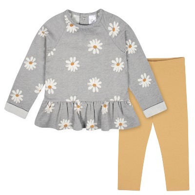Image of Gerber Baby Girls' Peplum Top & Leggings Set - Mustard Floral - 12 Months - 2-Piece