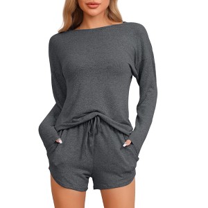 cheibear Women's Long Sleeve Top and Elastic Waistband Shorts with Pockets Pajamas Set - 1 of 4