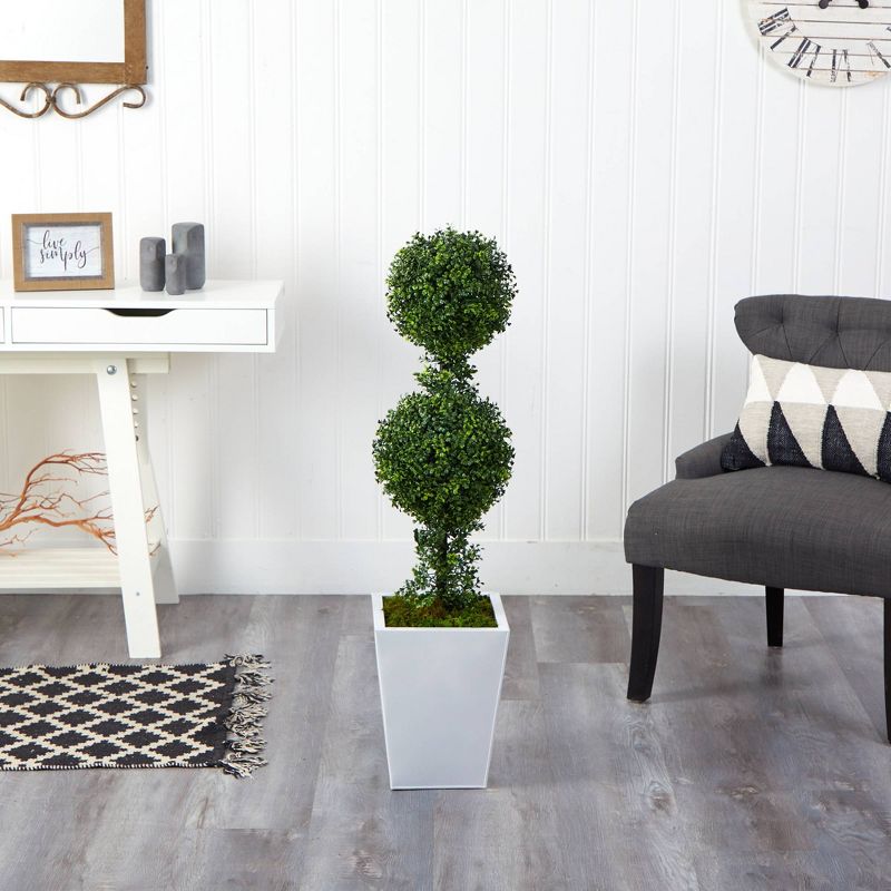 3.5&#34; Indoor/Outdoor Boxwood Double Ball Topiary Artificial Tree in Metal Planter White/Green - Nearly Natural, 3 of 6
