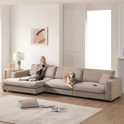 Dolonm 134 in. L-Shaped Corduroy Modular Sectional Sofa, 4-Seat Sofa with Chaise, USB Charging & Cup Holders, Cloud Couch