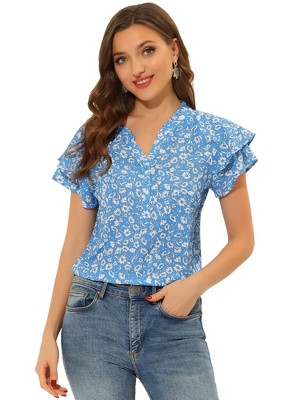 Allegra K Women's Summer V Neck Cap Short Sleeve Button Floral Print ...
