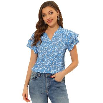 Allegra K Women's Summer V Neck Cap Short Sleeve Button Floral Print Shirt