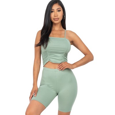 Slickblue Women’s Activewear Set, Ruched Camisole Sleeveless Top & Biker Shorts, Stretch Knit, Green Bay, Size S–L