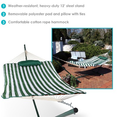 Green and White Stripe Cotton Rope Hammock with Steel Stand
