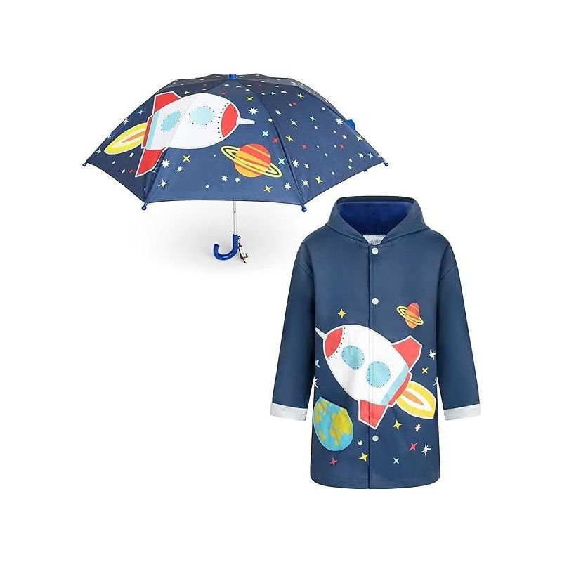 Addie & Tate Girls and Boys Rain Coats and Umbrella set, Kids Ages 3T-7 Years (Space/Celestial), 1 of 3