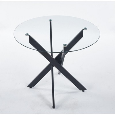 NicBex 35.43 Inch Round Dining Table with Tempered Glass Tabletop and Cross Metal Base for Living Dining Room,Conference Room