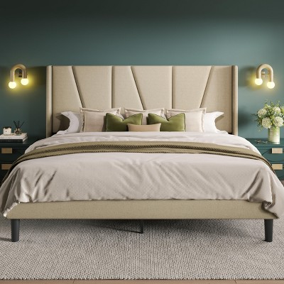 Allewie Platform Bed Frame with Geometric Wingback Headboard, Modern Upholstered Bed with Wooden Slats Support, No Box Spring Needed, Easy Assembly