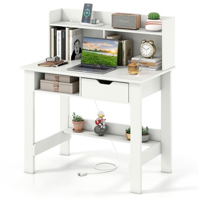 Tangkula Computer Desk with Drawer & Hutch 37.5” Home Office Desk with Built-in Power Outlets