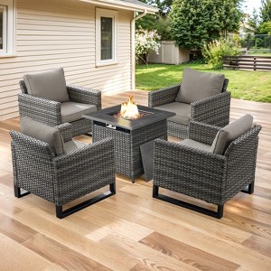 Buenhomino Patio Wicker Furniture Set with Fire Pit Table, PE Rattan Swivel Patio Chairs with Propane Fire Pit Table, 5 Pieces Patio Conversation Set - 1 of 4