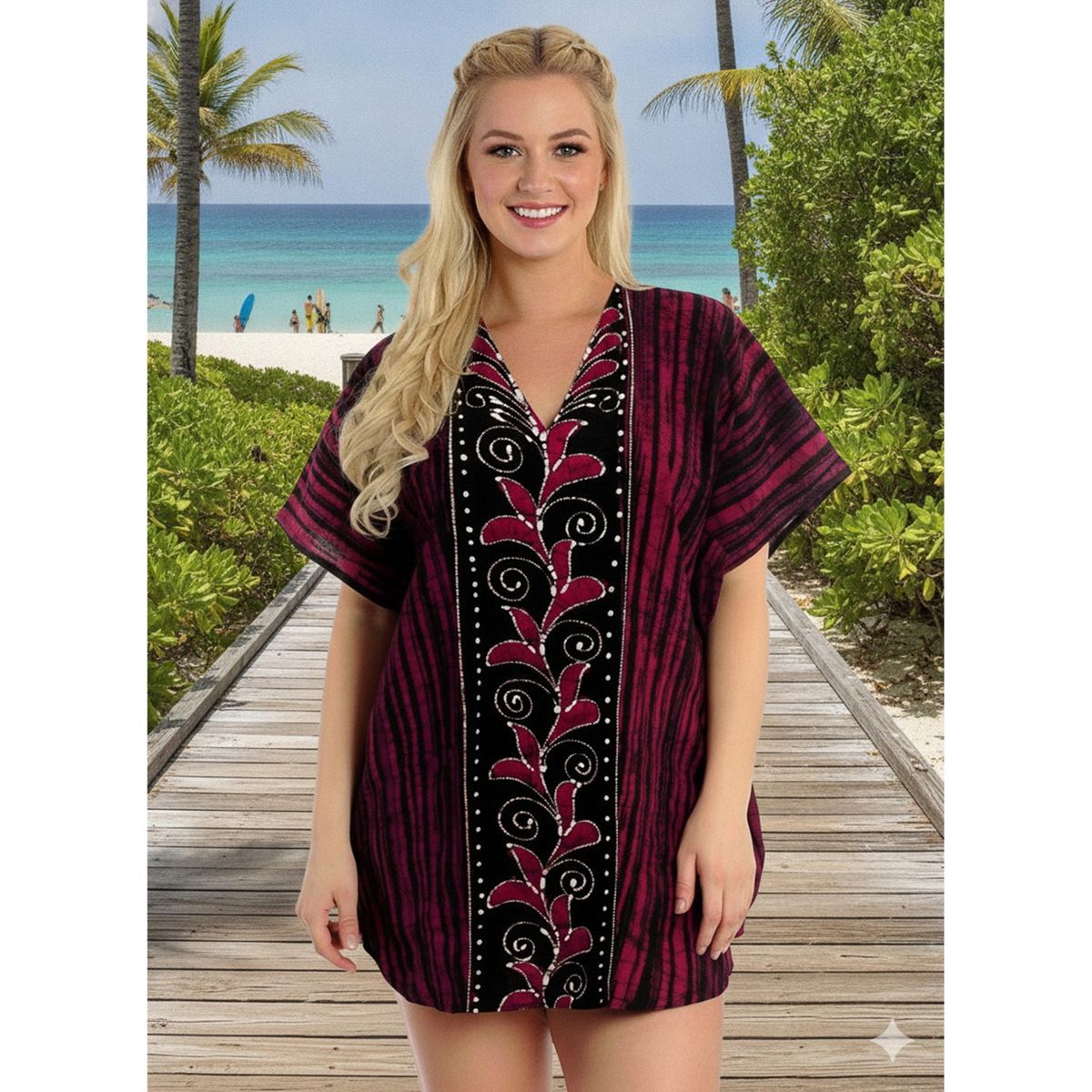 LA LEELA Summer Cotton Caftan Tunic Dress for Women Resortwear Vacation Cruise Holiday Loungewear Pregnancy Wear Beach Cover Up 2X-3X Red Paisley - thumbnail 5