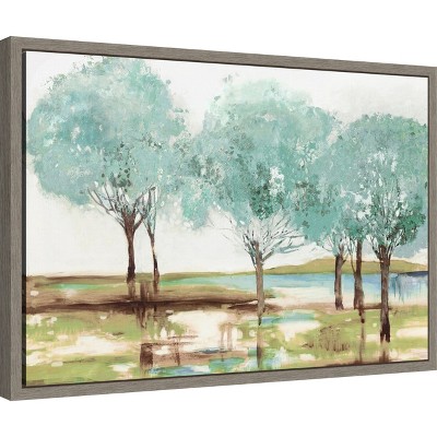 Teal Trees Landscape Canvas Wall Art Print in Gray Frame