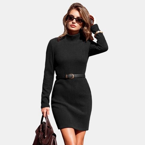 Женские платья Cupshe Women's Chic Ribbed Knit Bodycon Sweater Dress-M-Black