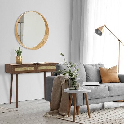 Walnut Mid-Century Modern Console Table with Rattan Drawers