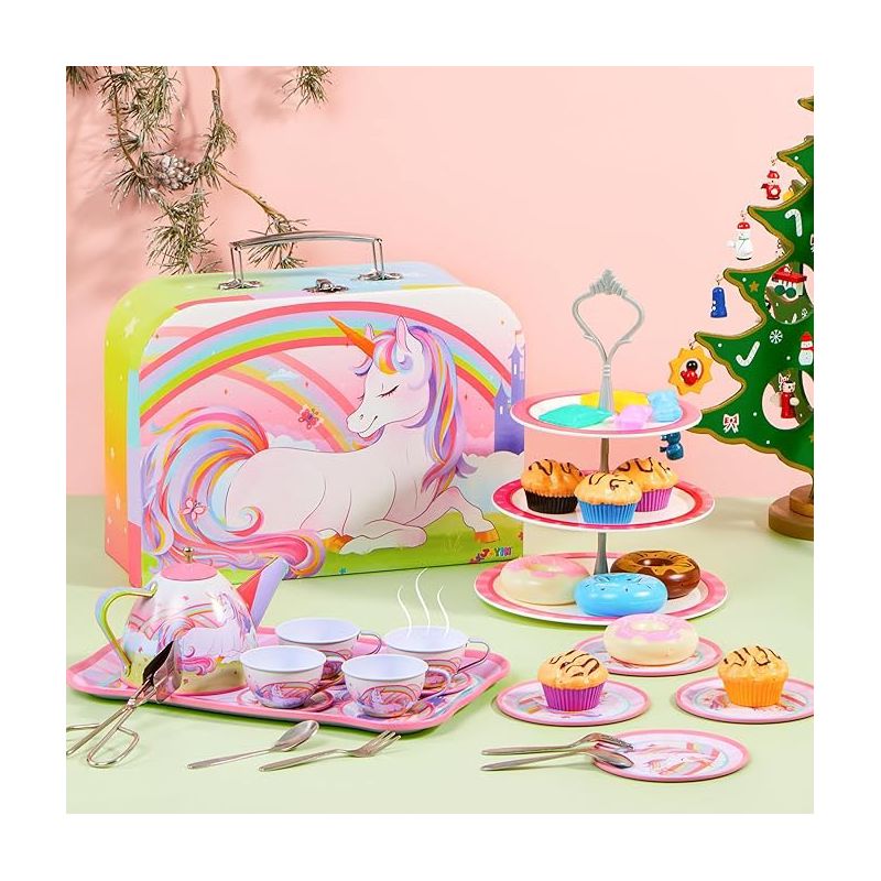 Syncfun 35Pcs Unicorn Tea Party Set for Gifts Kids Toddlers Age 3 4 5 6, Pretend Tin Teapot Set with Dessert, Doughnut, Carrying Case, 2 of 9