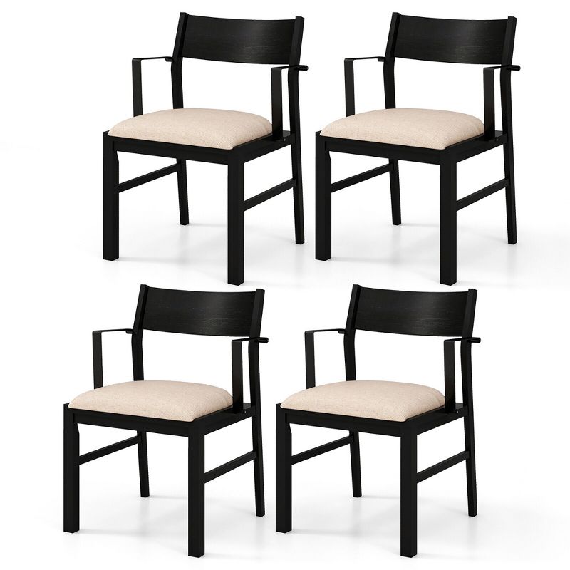 Tangkula Dining Chair w/ Arms Set of 4 Modern Kitchen Chairs w/ Contoured Backrest Black & Beige, 1 of 9