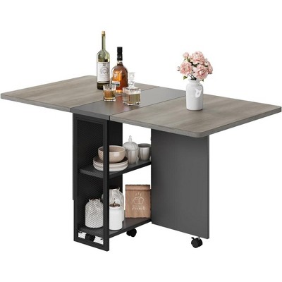 Folding Dining Table, Drop Leaf Dining Table with 6 Wheels and 2-Layer Storage Shelf, Space Saving Dining Table for Small Spaces