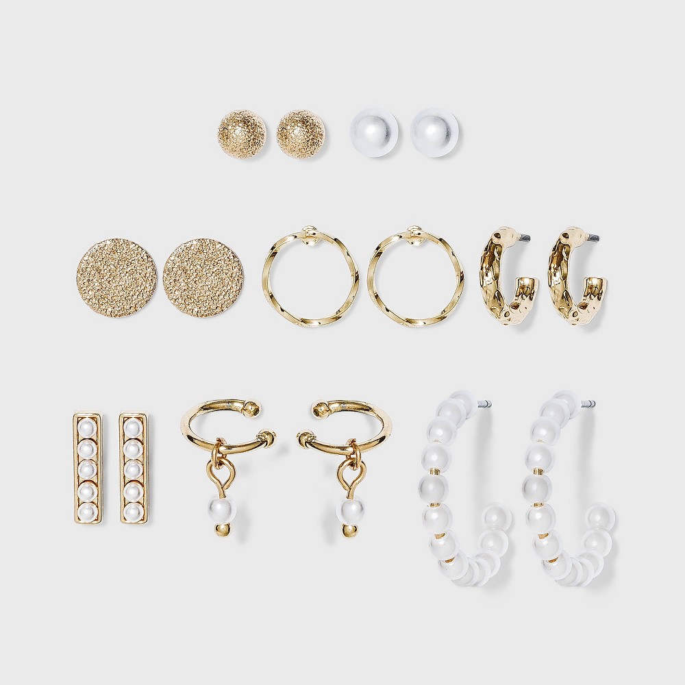 Photos - Earrings Pearl Hoop, Stud, Ear Cuffs Earring Set 8pc - A New Day™ gold