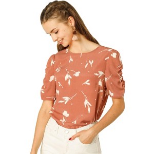 INSPIRE CHIC Women's Floral Summer Crew Neck Casual Shirred Short Sleeve Blouse - 1 of 4