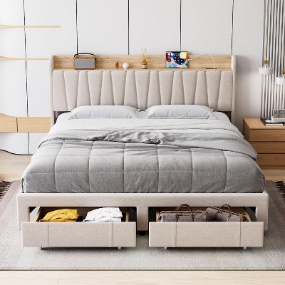 Upholstered Full Bed Frame with Storage Headboard and Charging Station, Platform Bed Frame with Drawers, Heavy Duty, No Box Spring Needed, Beige