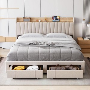 Upholstered Full Bed Frame with Storage Headboard and Charging Station, Platform Bed Frame with Drawers, Heavy Duty, No Box Spring Needed, Beige - 1 of 4