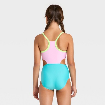 Cat & Jack Girls' Sleeveless Colorblock One Piece Swimsuit - Cat & Jack™ Lavender/Turquoise M — фото 2