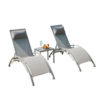 JUJABU Outdoor Aluminum Chaise Lounge Set of 3 with Adjustable Backrest and Side Table