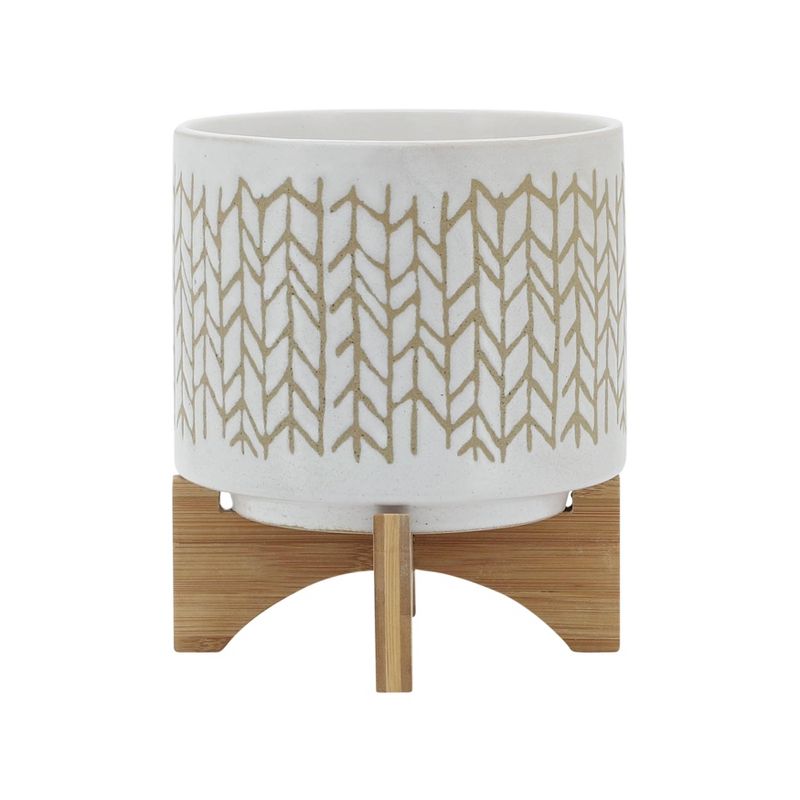 Sagebrook Home 8&#34; Wide Chevron Planter Pot with Wood Stand Beige, 3 of 9