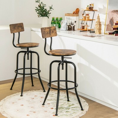 Industrial Adjustable Swivel Bar Stools Set of 2 in Rustic Brown Wood and Black Metal