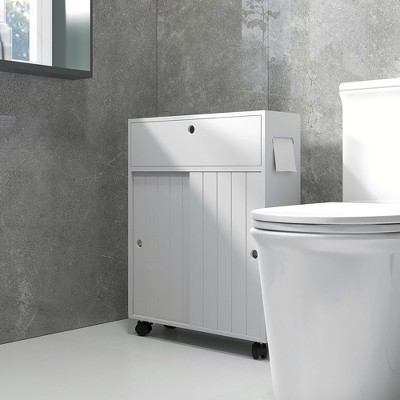 White Slim Bathroom Cabinet with Adjustable Shelving and Wheels