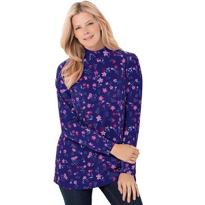 Woman Within Plus Size Perfect Printed Long-Sleeve Mockneck Tee - 1 of 4