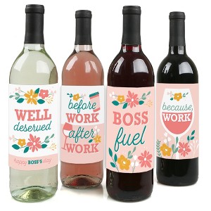 Big Dot of Happiness Female Best Boss Ever - Women Boss's Day Decorations for Women - Wine Bottle Label Stickers - Set of 4 - 1 of 4