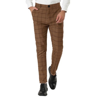 Lars Amadeus Men's Plaid Printed Slim Fit Flat Front Business Dress Pants  Dark Brown 38