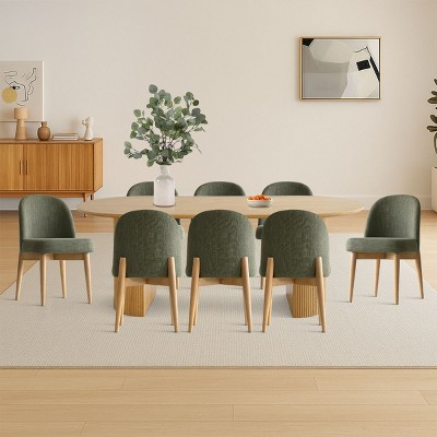 9-Piece Oval Dining Table Set, 79'' Pedestal Table with 8 Upholstered Linen Fabric Chairs, Modern Dining Room Furniture for 8-Maison Boucle