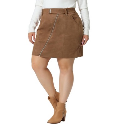 Agnes Orinda Women's Plus Size Faux Suede Zipper Front Pockets Elastic Waist Mini Skirt
