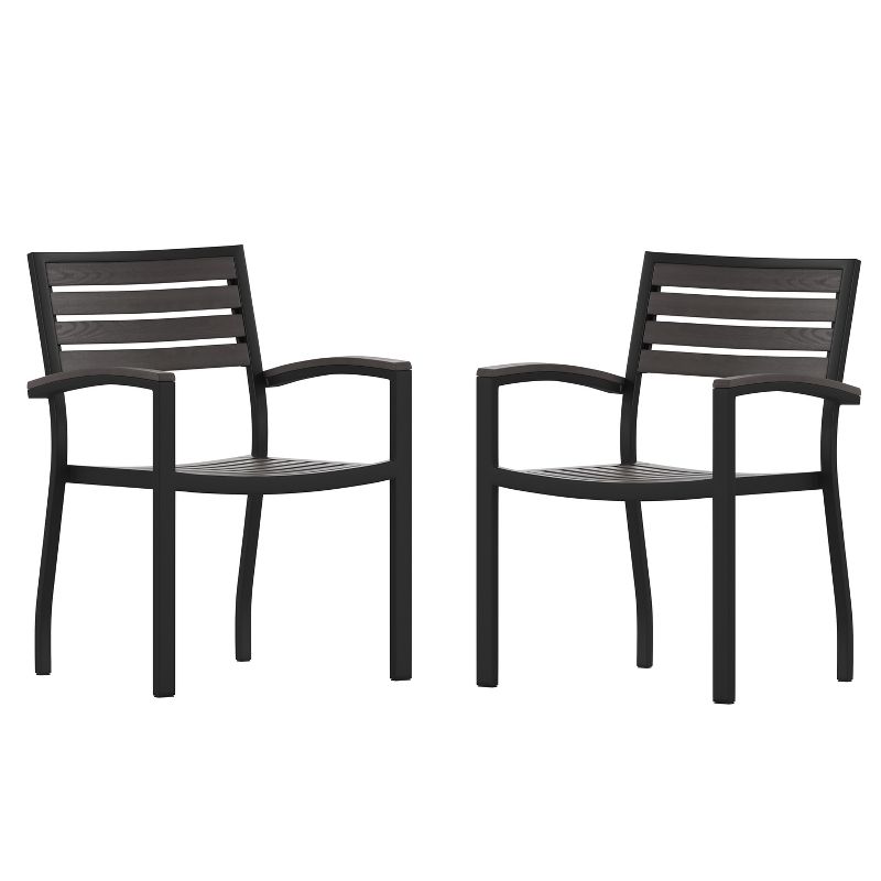 Flash Furniture 2 Pack All-Weather Black Aluminum Patio Stack Chairs - Gray Wash Faux Teak Slats, 1 of 12