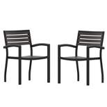 Flash Furniture 2 Pack All-Weather Black Aluminum Patio Stack Chairs - Gray Wash Faux Teak Slats