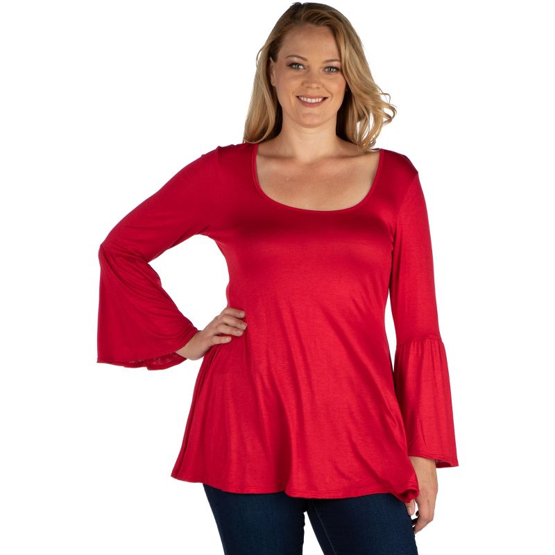 24seven Comfort Apparel Womens Long Bell Sleeve Flared Plus Size Tunic Top, 1 of 6