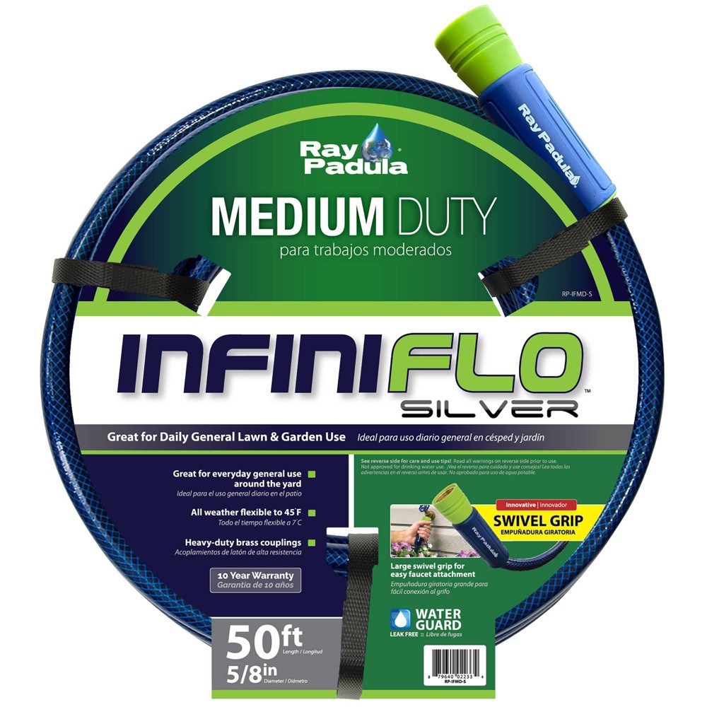 Ray Padula InfiniFlo 50ft Silver Medium Duty Garden Hose: PVC Leak-Resistant, Outdoor Use, 5/8