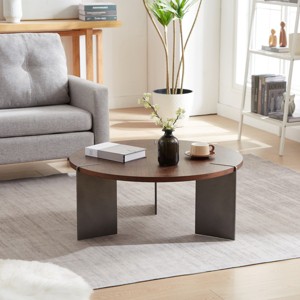 Round Coffee Table with Walnut Wood Top and Black Metal Base,Modern Centerpiece for Living Room-Maison Boucle - 1 of 4
