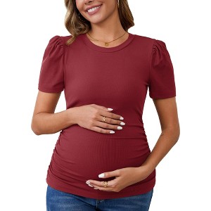 INSPIRE CHIC Women's Maternity Blouse Side Ruched Ribbed Knit Puff Short Sleeve Tunic Top Pregnancy Clothes Baby Office Work - 1 of 4