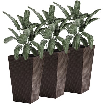Set of 3 Tall Brown Rattan-Style Plastic Planters