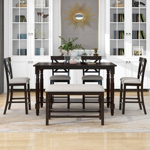 Dining Table Set With Bench For 6 Persons Rectangle Table With Upholstered Chairs 1 Bench Wood Elegant Kitchen Table Chairs Set - image 1 of 4