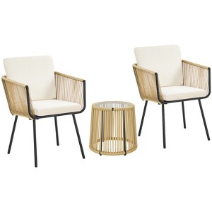 Yaheetech 3-Piece Outdoor Metal Frame Wicker Bistro Set w/ 2 Chairs and Tempered Glass Top Side Table, Tan - 1 of 4