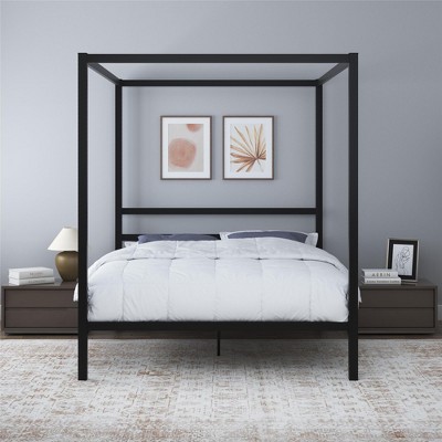 Queen Black Metal Canopy Platform Bed with Headboard and Slats