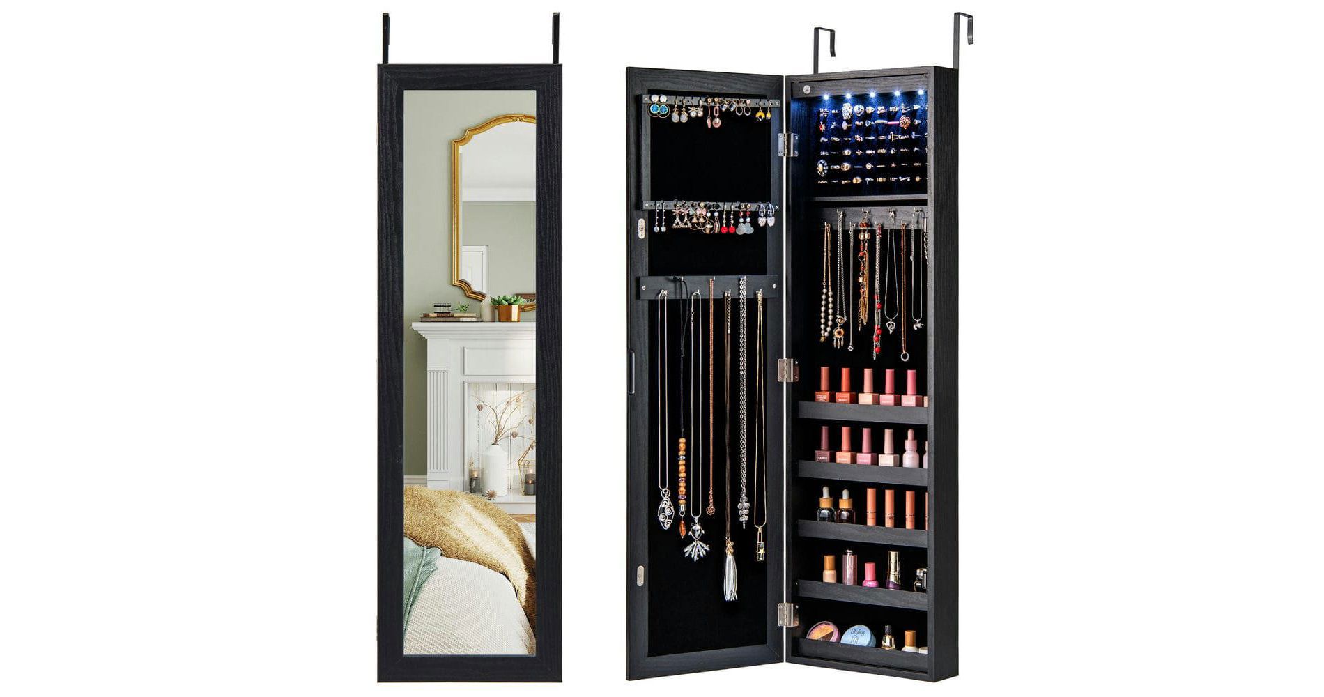 Resenkos Jewelry Cabinet - Wall/Door Mount, Full-Length Mirror, LED Lights, Secure Storage - Black