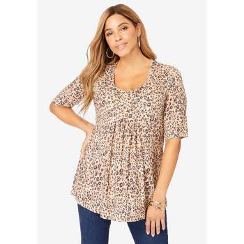 Plus Size Women's Scoop-Neck Tee by Jessica London in Natural Bold Leopard ( Size 34/36) 3/4 Sleeve Shirt - Yahoo Shopping