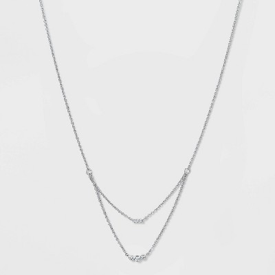 Silver Plated Cubic Zirconia Triple Bezel Faux Layered Chain Necklace - A New Day™ Silver