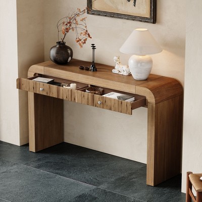 NicBex Rustic Console Table with Storage Drawers,Entryway Table with Curved Corners & Thick Legs,Fluted Foyer Tables for Entryway,Living Room