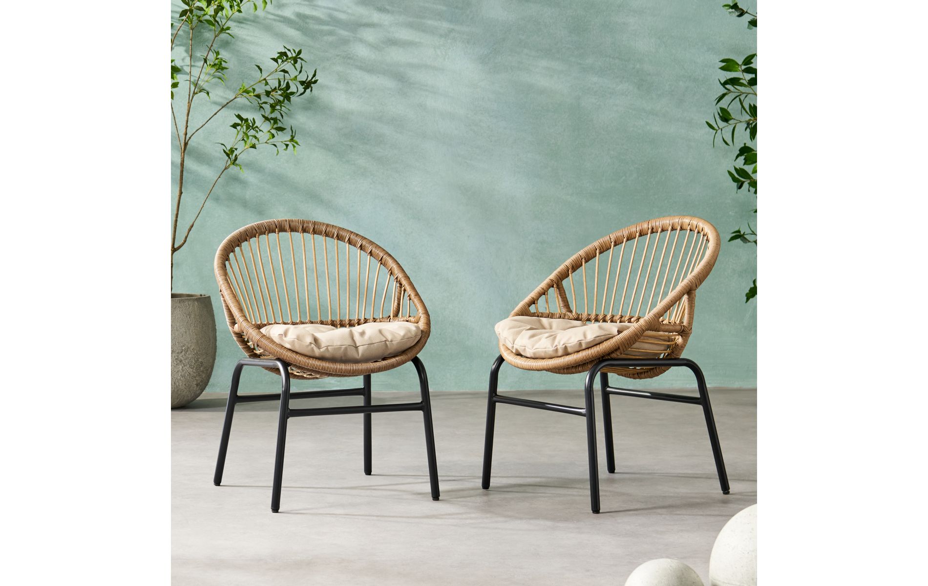 Boho Wicker Outdoor Dining Chair with Water-Resistant Cushion and Metal Frame, Set of 2 Brown Patio Accent Chair-3irtyhousy